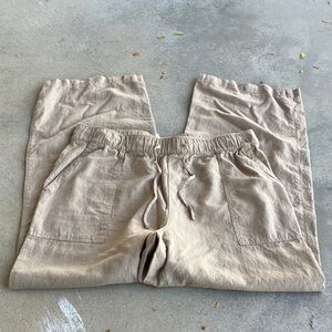 Three Dots Linen Blend Drawstring Tan Pants, L